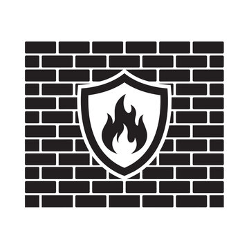 Firewall security icon on brick wall. Network protection symbol for digital safety.