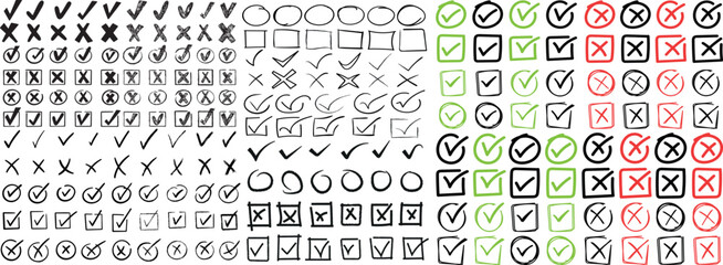 Hand Drawn Check Mark Collection with Tick, Cross, Checkbox and Marker Style Validation Symbols Vector Set © Haider