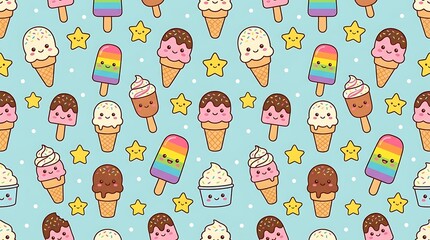 Kawaii ice cream and popsicle seamless pattern with smiling faces