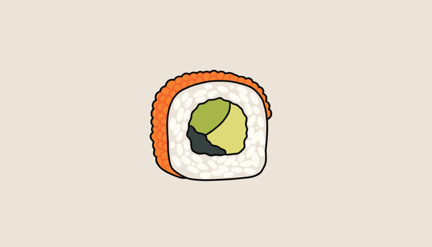 Simple vector illustration of a single delicious sushi maki roll filled with avocado and cucumber.