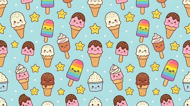 Kawaii ice cream and popsicle seamless pattern with smiling faces