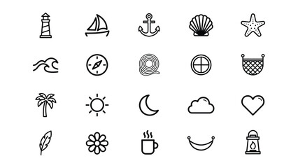 Collection of minimalist line icons representing travel beach vacation and nautical themes with transparent backgrounds © Nancy
