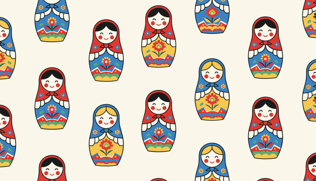 Colorful seamless pattern featuring traditional Russian matryoshka nesting dolls on a warm light cream background.