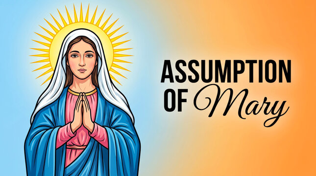 Assumption of mary illustration with halo and prayerful pose