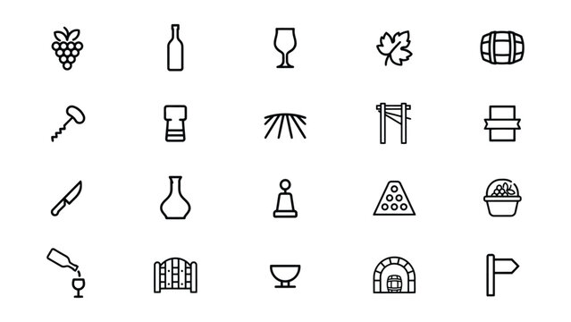 Collection of wine and vineyard related icons featuring grapes bottles glasses and vineyard equipment