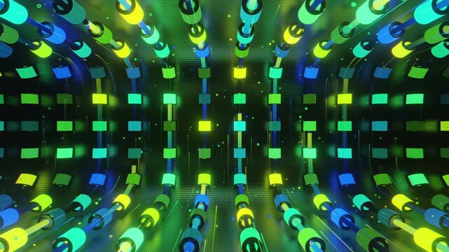 Hypnotic seamless loop of a futuristic geometric array. Abstract digital system made of rotating cylinders, crystalline lattices and textured metal grids, creating deep abstract background.