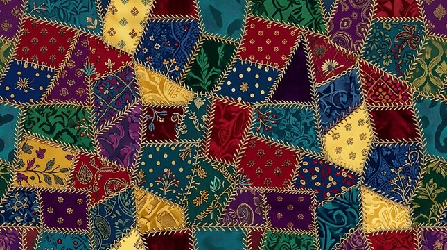 Seamless bohemian patchwork quilt fabric pattern with embroidery