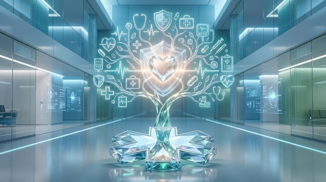 Futuristic Healthcare Concept With a Glowing Tree of Medical Icons and a Crystal Star of Life Base technology