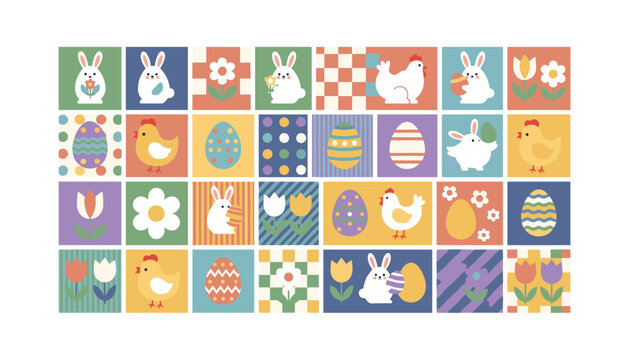 Colorful Easter mosaic of square tiles featuring adorable white rabbits, cute yellow chicks, decorated eggs, and spring flowers.