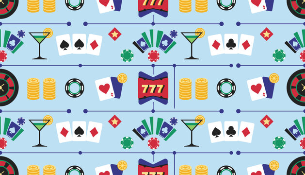 Seamless casino background pattern featuring slot machines, playing cards, poker chips, roulette wheels and cocktails.