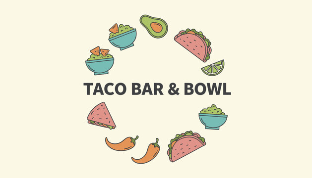 Taco bar and bowl circular badge surrounded by colorful mexican food ingredients like tacos, quesadillas, guacamole, and peppers.