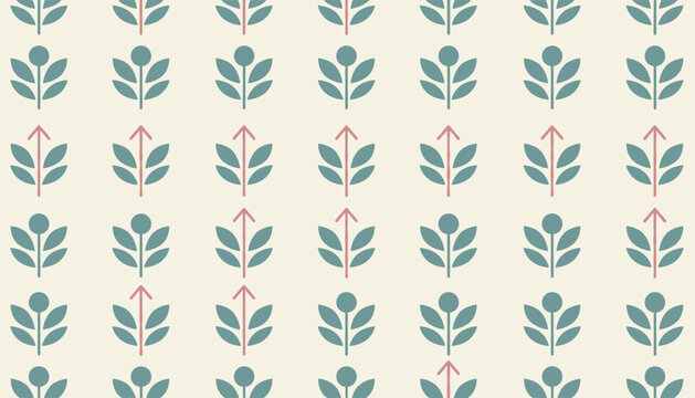 Retro geometric seamless wallpaper pattern of teal flower buds and pink stems on an off-white textured background.