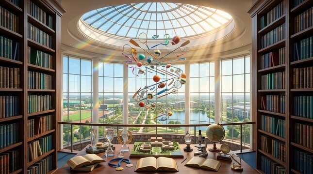 Library interior with a spiral sculpture of sports and science objects books bookshelves