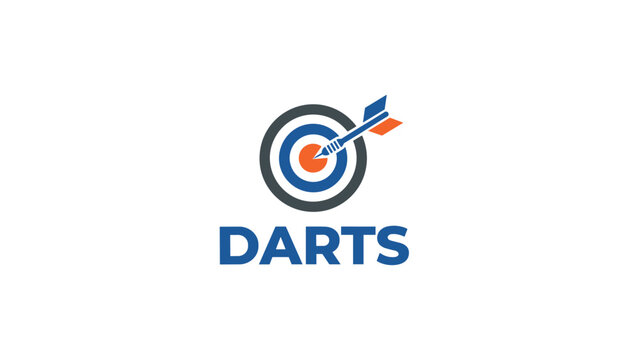 Darts sport logo design showing a target board with a blue and orange dart hitting the red bullseye on a white background.