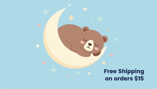 Cute brown bear cub sleeping peacefully on a crescent moon surrounded by stars and pastel circles on a blue background.