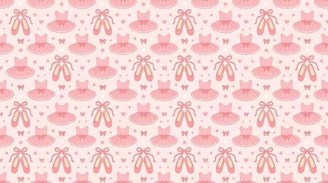 Pink ballet shoes and tutu dresses in a seamless repeating pattern