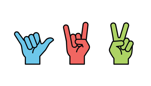 Colorful hand gestures vector illustration showing shaka sign, rock on horn sign, and peace sign isolated on white background.