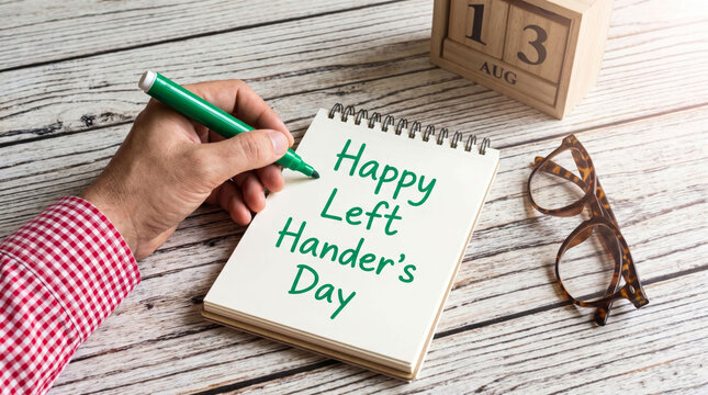 Person writing happy left handers day on a notepad with glasses