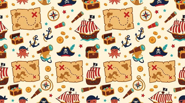 Seamless pirate adventure pattern with ships and treasure maps