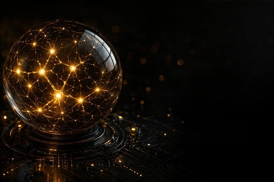 Abstract representation of artificial intelligence, glowing amber neural network connections inside a dark glass sphere, dark tech background, hyper-detailed, space for text.
