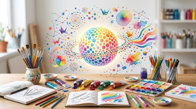 Vibrant Art Studio Desk With Colorful Supplies And Creative Artwork table