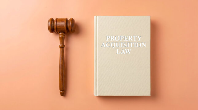 Wooden gavel next to property acquisition law book