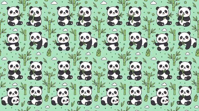 Adorable panda bear and bamboo repeat pattern for kids design