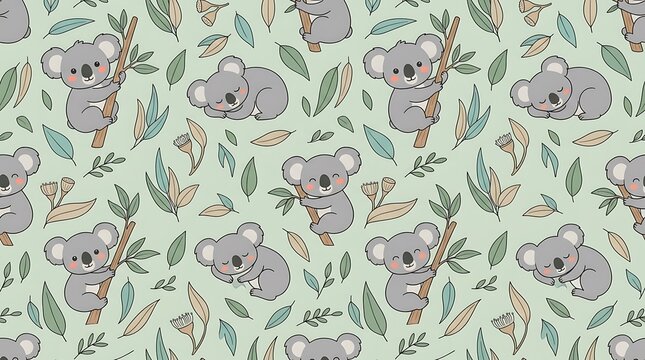 Seamless pattern featuring cute koalas and eucalyptus leaves