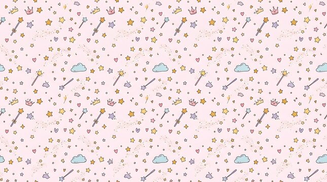Seamless pattern with magic wands crowns and stars on pink background