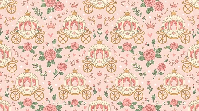 Whimsical fairytale princess carriage and rose seamless background