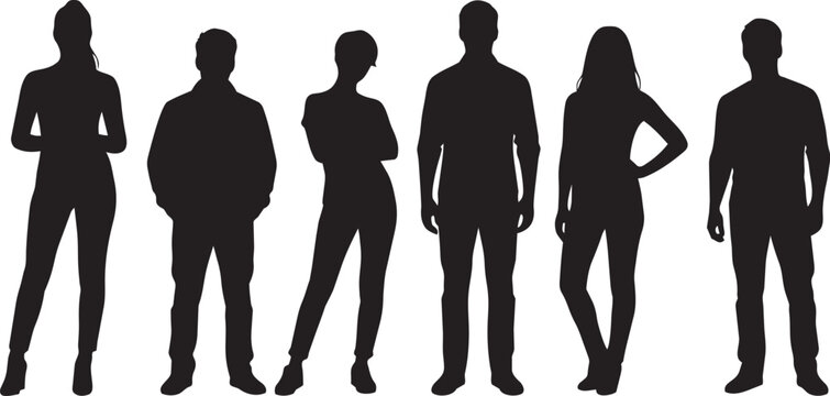 Diverse group of six standing people shown as dark black silhouettes isolated on a plain white background for design projects
