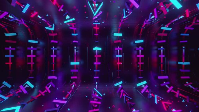 Hypnotic seamless loop of a futuristic geometric array. Abstract digital system made of rotating triangular prisms, crystalline lattices and textured metal grids, creating deep abstract background.
