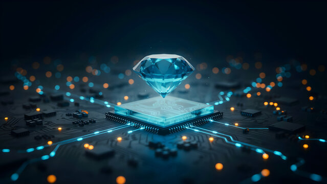 Abstract digital representation of a diamond hovering above a hightech computer processor chip on a circuit board with glowing data pathways