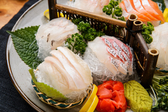 Fresh assorted sashimi platter with salmon and white fish