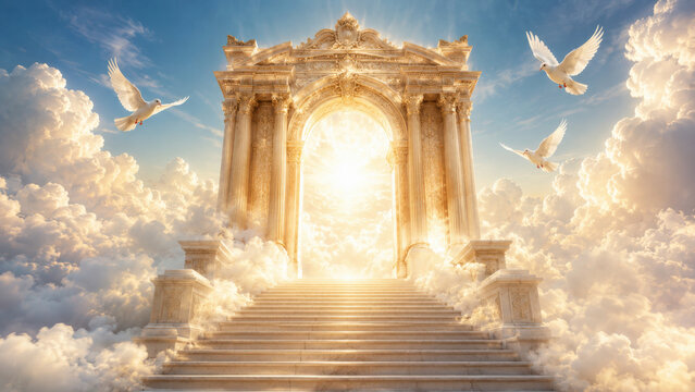Stairway to heaven illustration featuring a golden arch and white doves on fluffy clouds.