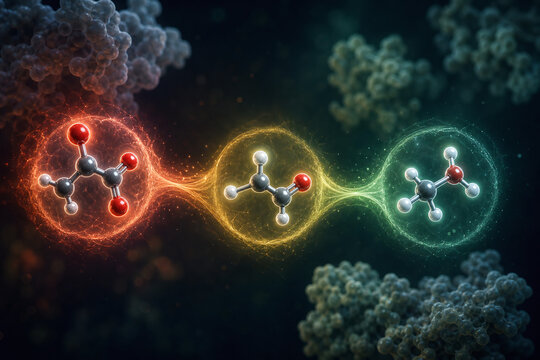 Glowing fermentation pathway molecules in dark scientific illustration