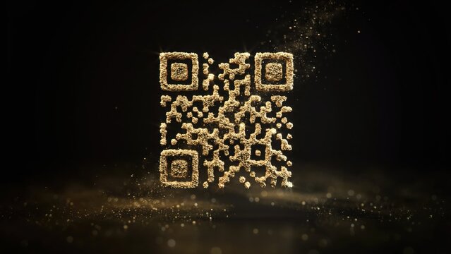 Sparkling Golden Glitter QR Code on Dark Background with Dust Particles
