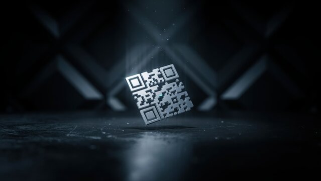Futuristic floating metallic QR code in a dark cinematic studio background with light rays