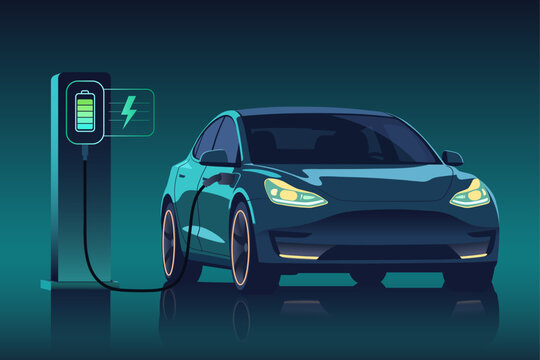 Electric vehicle charging at station with glowing battery status icon, modern green energy EV vector illustration
