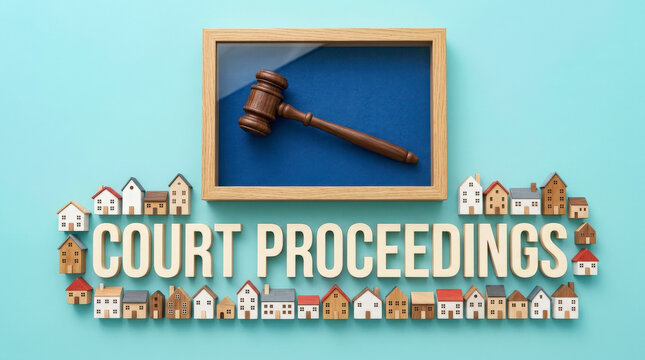 Court gavel in framed illustration with houses background