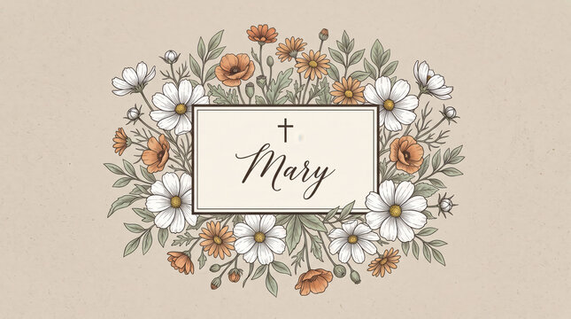 Elegant floral frame with name mary and cross design