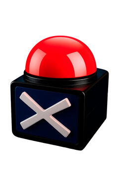 Large red button with a bold white "X" on a black base evokes game show tension and rejection. Its vibrant design and glossy finish suggest interaction, decision, entertainment, on white background