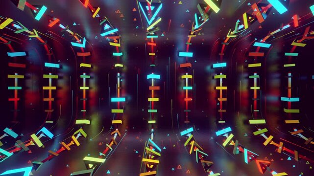 Hypnotic seamless loop of a futuristic geometric array. Abstract digital system made of rotating triangular prisms, crystalline lattices and textured metal grids, creating deep abstract background.