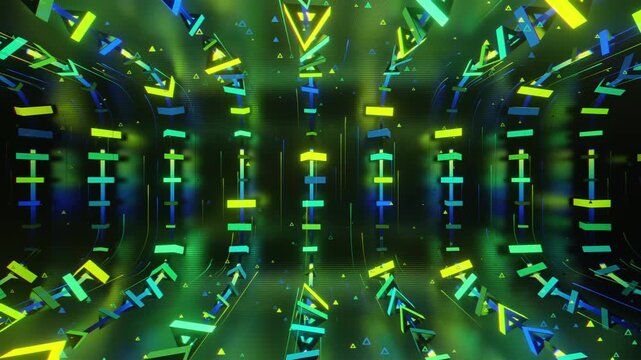 Hypnotic seamless loop of a futuristic geometric array. Abstract digital system made of rotating triangular prisms, crystalline lattices and textured metal grids, creating deep abstract background.