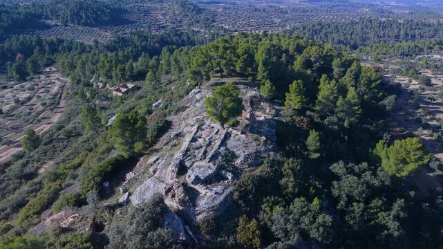 Aerial view from a drone of the Iberian Village of Els Castellans between Cretas and Calaceite in the Matarra&ntilde;a region, Teruel Province, Aragon Autonomous Community, Spain, Europe