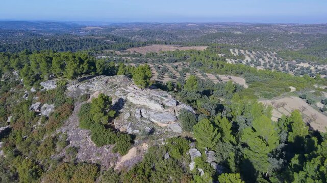 Aerial view from a drone of the Iberian Village of Els Castellans between Cretas and Calaceite in the Matarra&ntilde;a region, Teruel Province, Aragon Autonomous Community, Spain, Europe