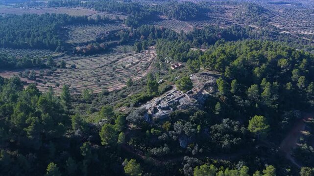 Aerial view from a drone of the Iberian Village of Els Castellans between Cretas and Calaceite in the Matarra&ntilde;a region, Teruel Province, Aragon Autonomous Community, Spain, Europe