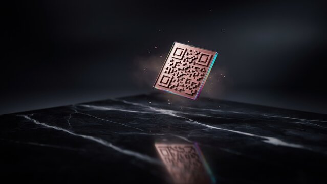 Futuristic golden QR code floating above a dark marble surface with glowing particles and reflection