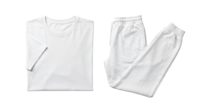 Set of folded white cotton t-shirt and sweatpants high quality 4K PNG image in white background