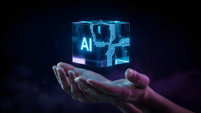 Hands holding a glowing transparent cube with ai text and digital circuit patterns representing artificial intelligence technology